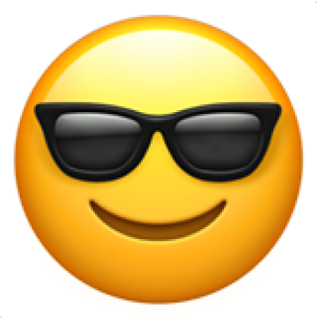 Ein lächelndes Emoji mit Sonnenbrille auf einem sonnigen gelben Hintergrund.